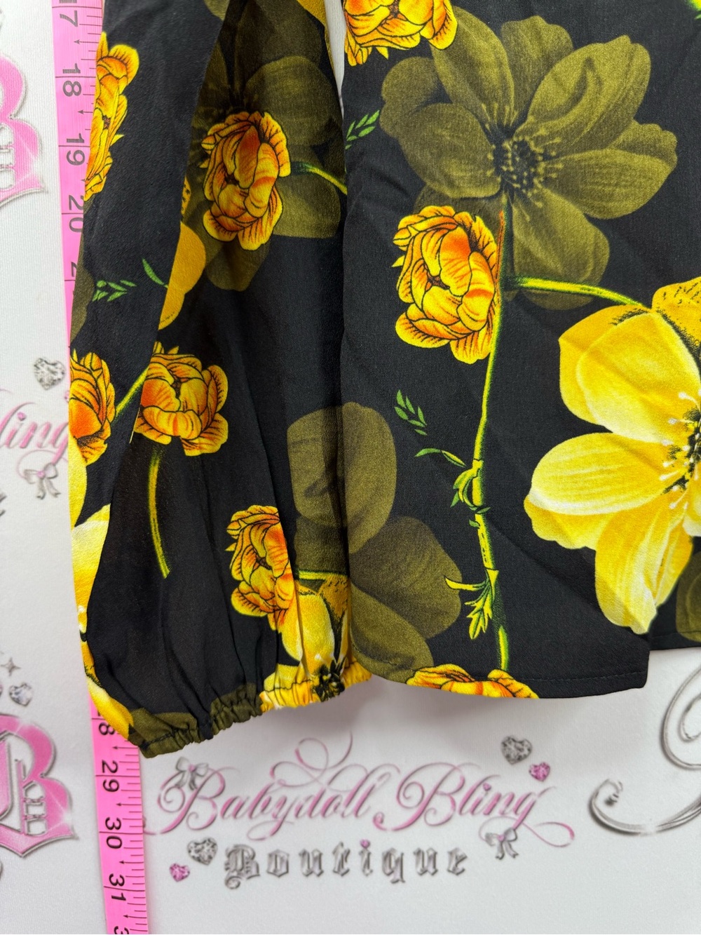 RANLEGE shirt blouse flowers ruffle Yellow Floral Long-Sleeve Blouse - Black - Picture 3 of 16